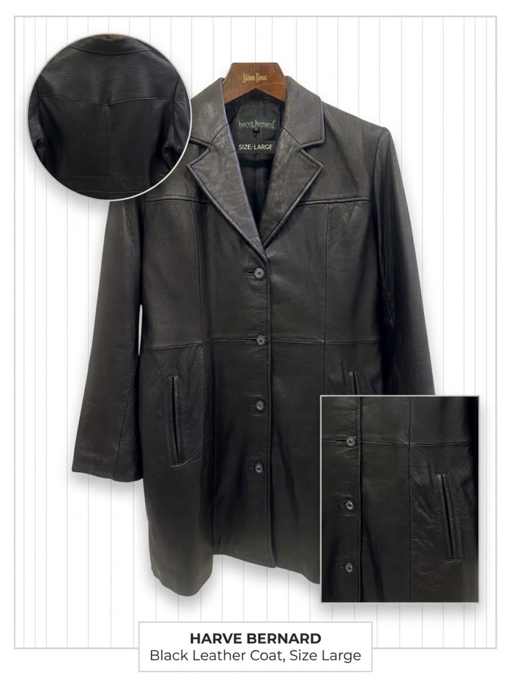 Vintage Harvé Benard Black Genuine Leather Mid-Length Car Coat Jacket Large - Picture 3 of 15